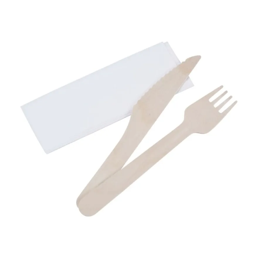 250 Kits couverts 3 en 1 bois - couteau + fourchette + serviette