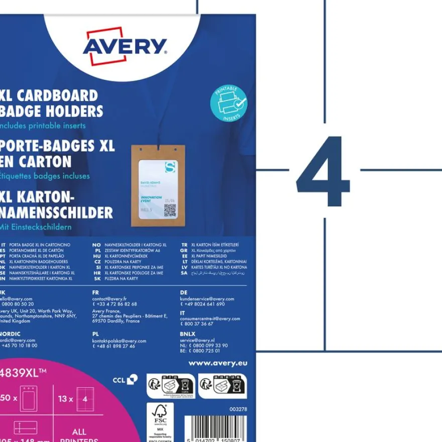 50 pochettes badges en carton grand format + 52 inserts microperforés imprimables 105 x 148 mm