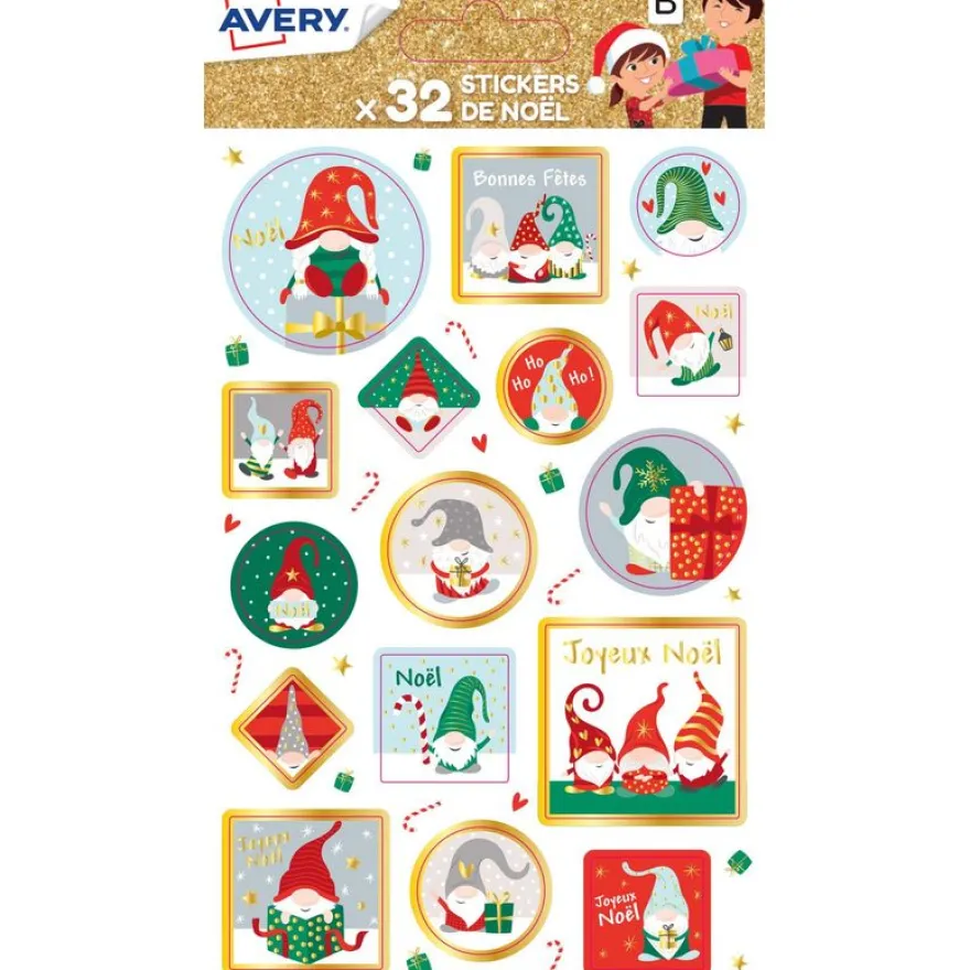 32 stickers de Noël, motifs traditionnels, rouge, vert et kraft, formes variées