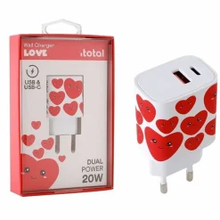 Adaptateur USB iTotal : Chargeur mural 20W avec cœur - USB-C & USB-A