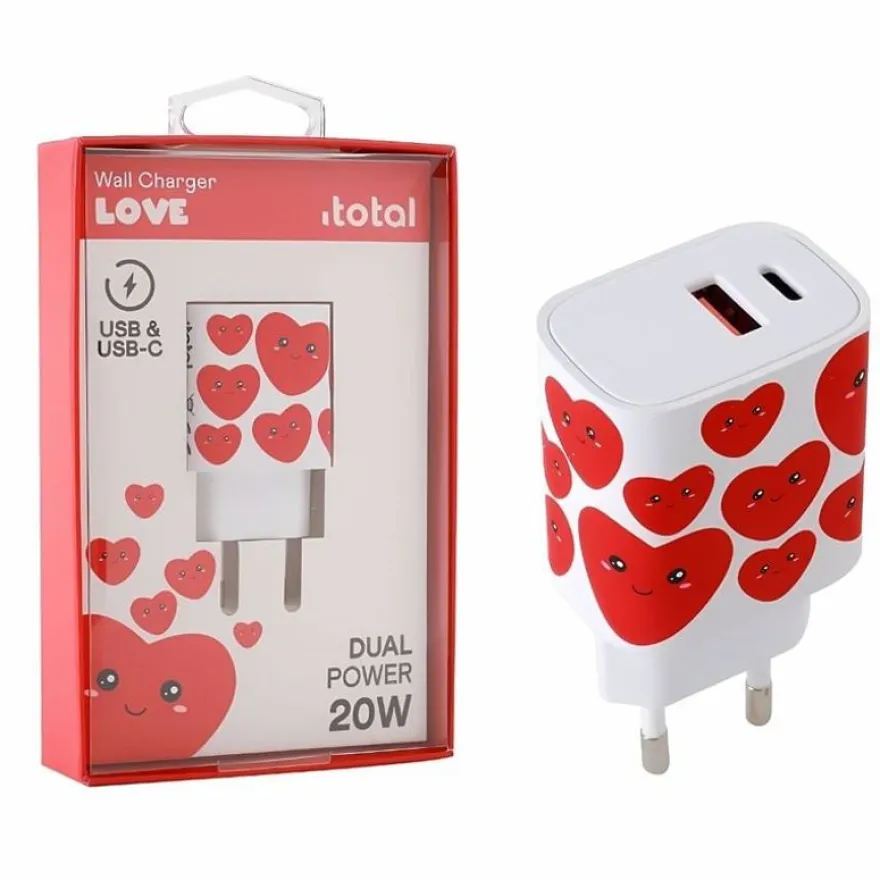 Adaptateur USB iTotal : Chargeur mural 20W avec cœur - USB-C & USB-A