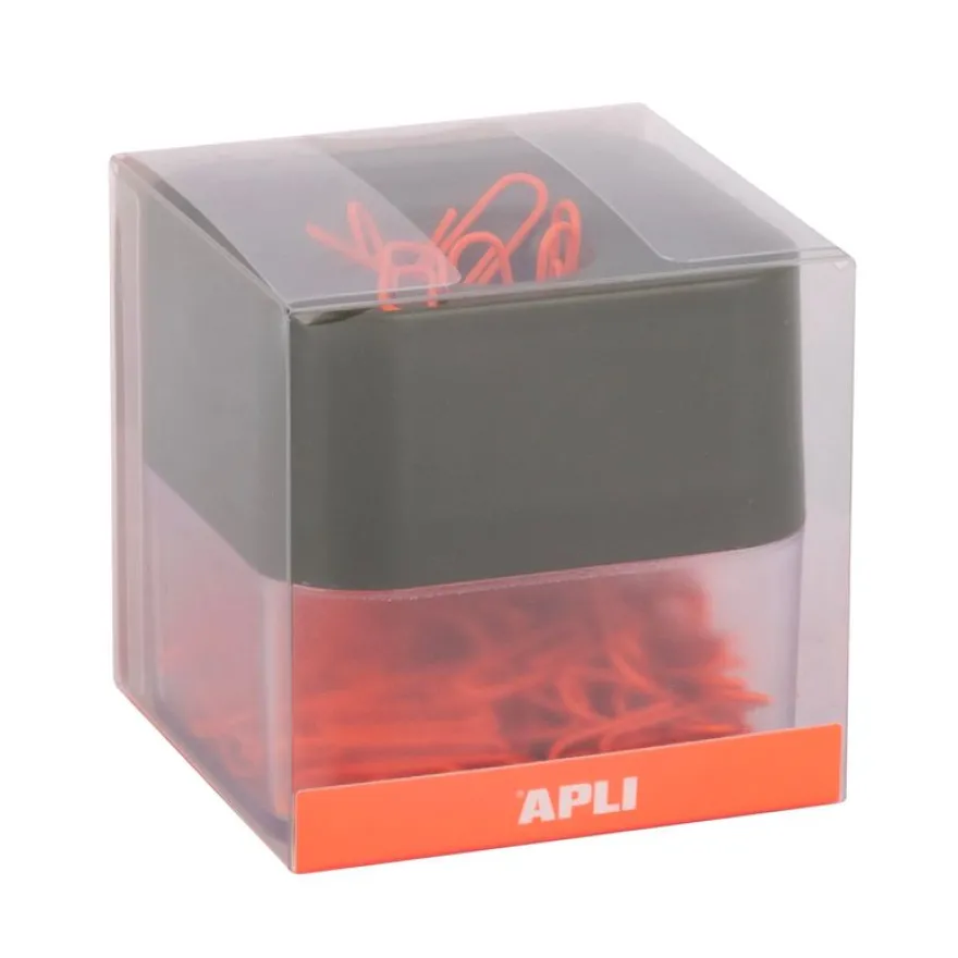 APLI 19924 - Distributeur de trombones magnétique kaki avec 100 trombones orange, collection Neon