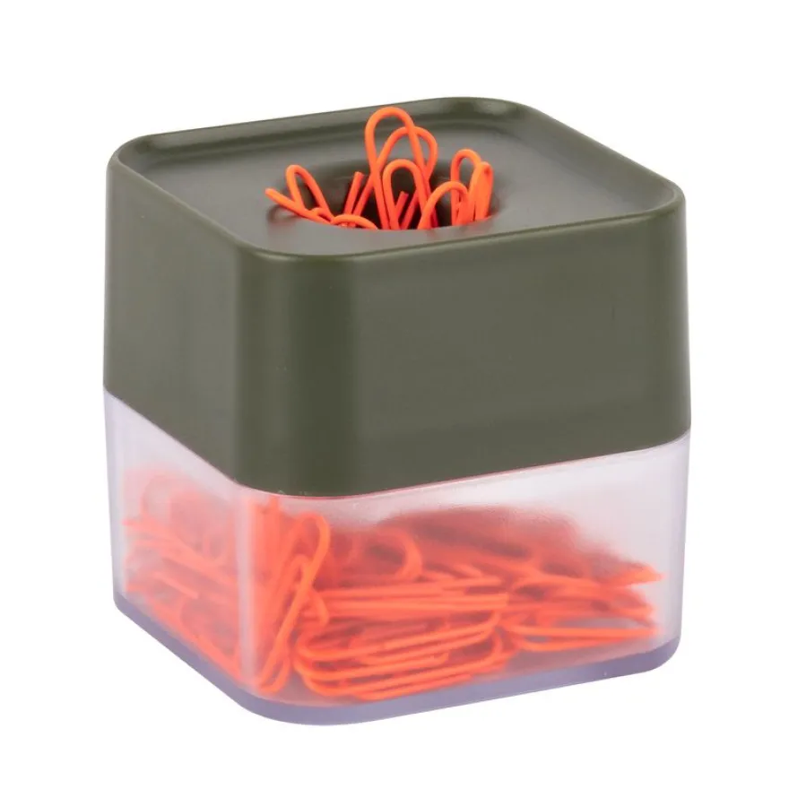 APLI 19924 - Distributeur de trombones magnétique kaki avec 100 trombones orange, collection Neon