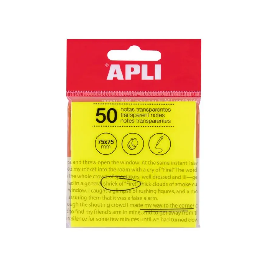 Apli - Notes adhésives - 50 feuilles - 75 x 75 mm - transparentes jaune