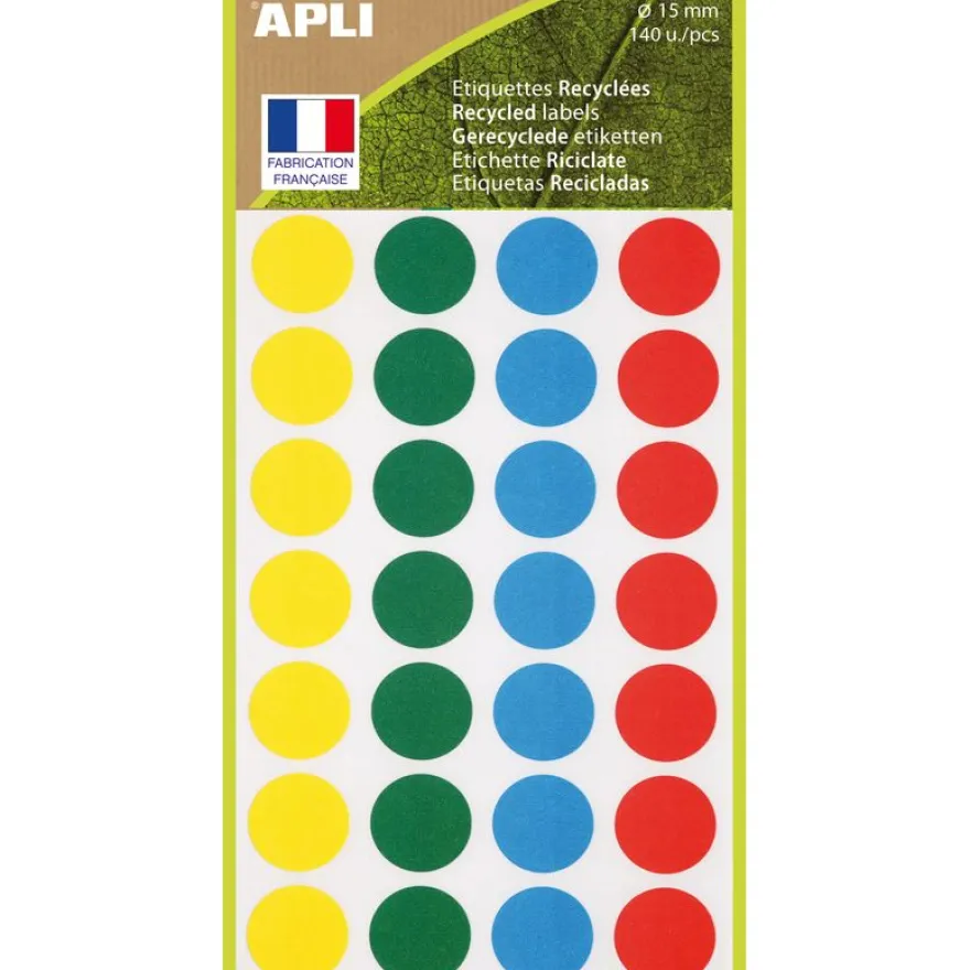 Apli Agipa - 140 Pastilles adhésives recyclées - couleurs assorties - diamètre 15 mm - réf 101786