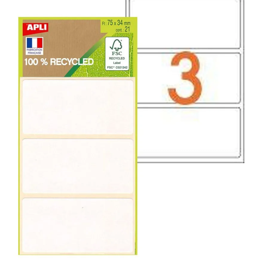 Apli Agipa - 21 Étiquettes 100% recyclées blanches - 34 x 75 mm - coins arrondis - réf 101344