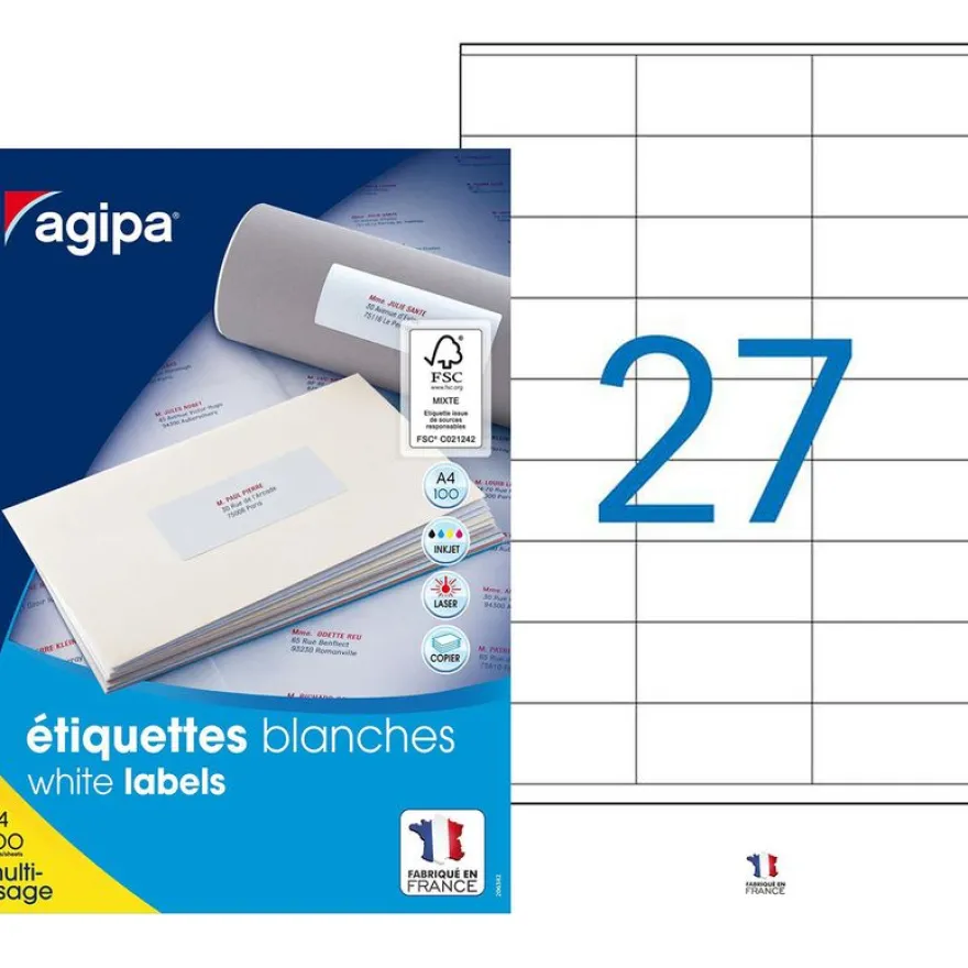 Apli Agipa - 2700 Étiquettes adhésives blanches multi-usages - 70 x 31 mm - coins droits - réf 119001