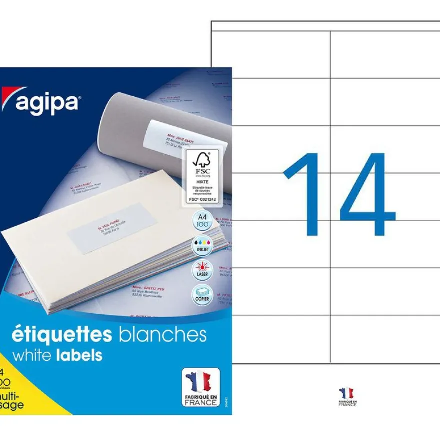 Apli Agipa - 1400 Étiquettes adhésives blanches multi-usages - 105 x 42 mm - coins droits - réf 119008