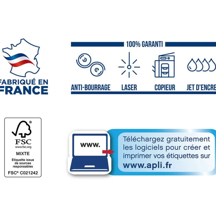 Apli Agipa - 2400 Étiquettes adhésives blanches multi-usages - 70 x 37 mm - coins droits - réf 119015