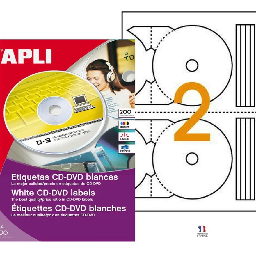 Apli Agipa - 200 Étiquettes adhésives CD/DVD blanches- Ø 117 mm - réf 119884
