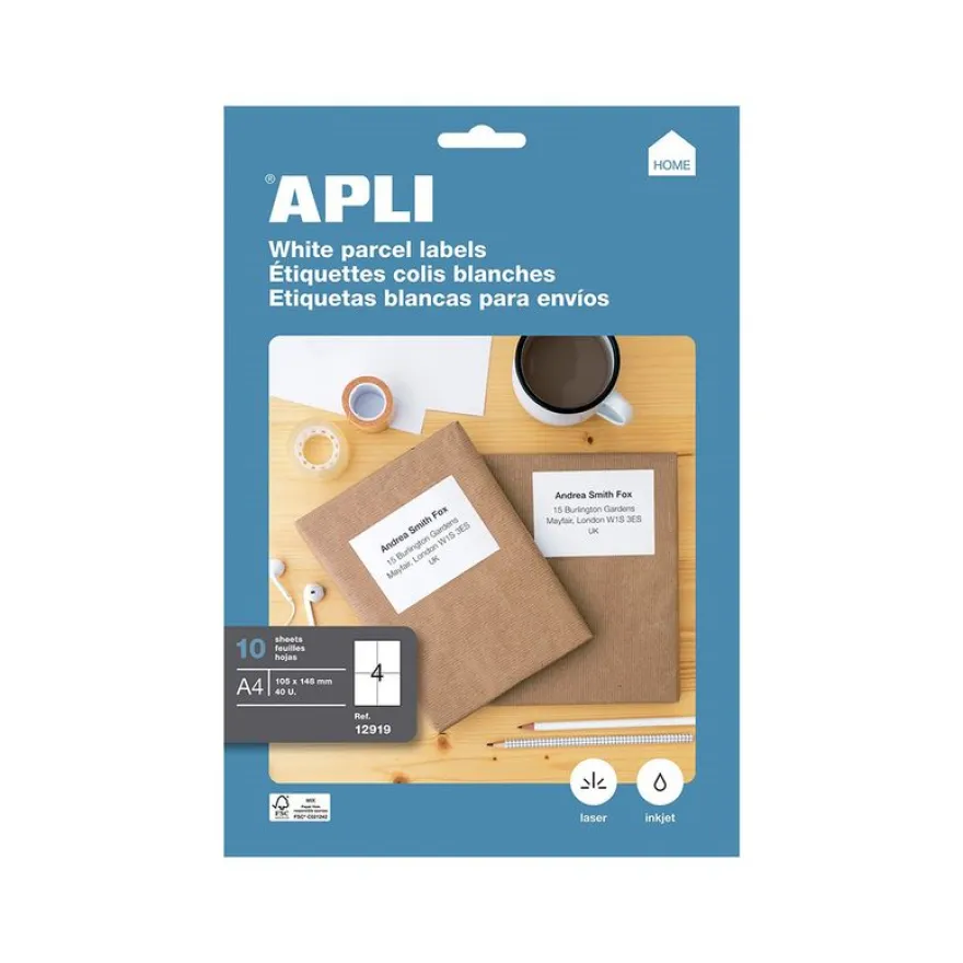 Apli Agipa - 40 Étiquettes adhésives blanches multi-usages - 105 x 148 mm - coins droits - réf 12919