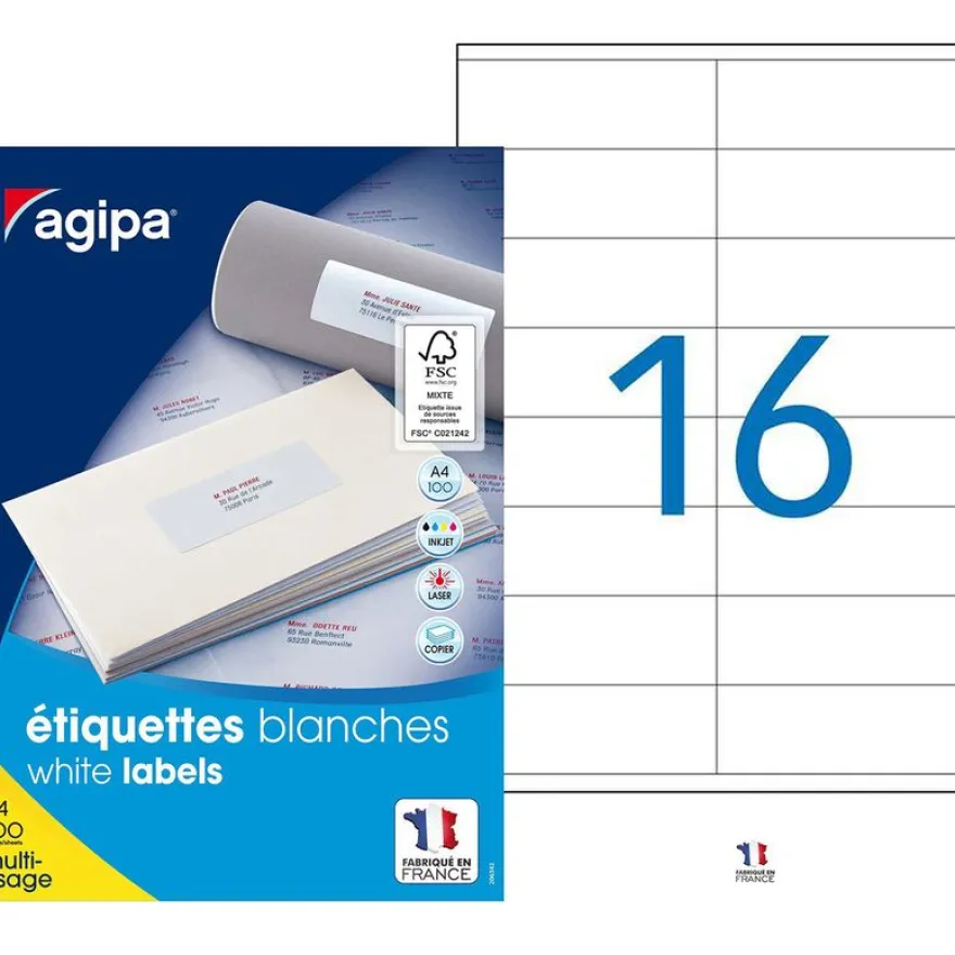 Apli Agipa - 1600 Étiquettes adhésives blanches multi-usages - 105 x 35 mm - coins droits - réf 119005
