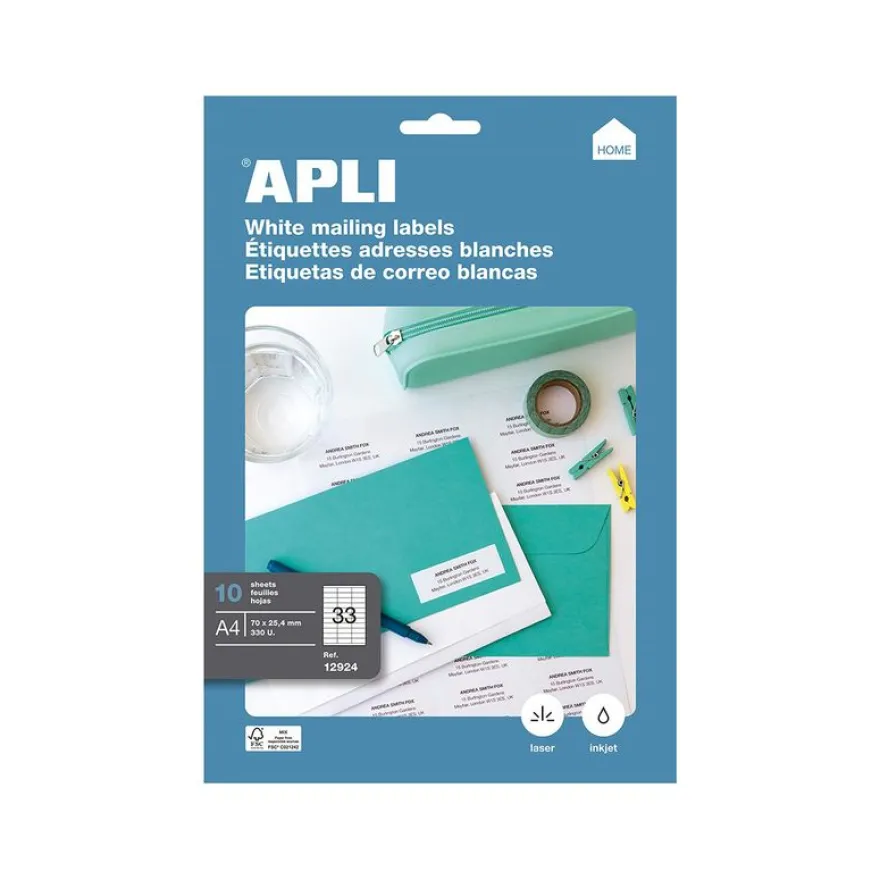 Apli Agipa - 330 Étiquettes adhésives blanches multi-usages - 70 x 25,4 mm - coins droits - réf 12924