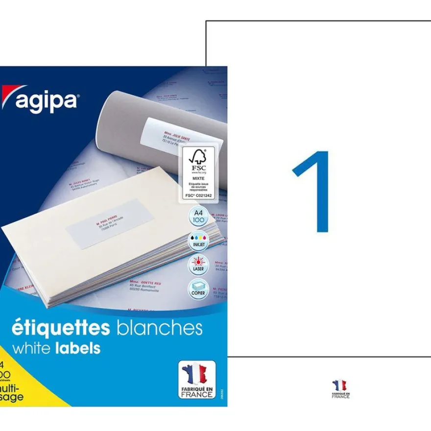 Apli Agipa - 100 Étiquettes adhésives blanches multi-usages - 210 x 297 mm - coins droits - réf 119004