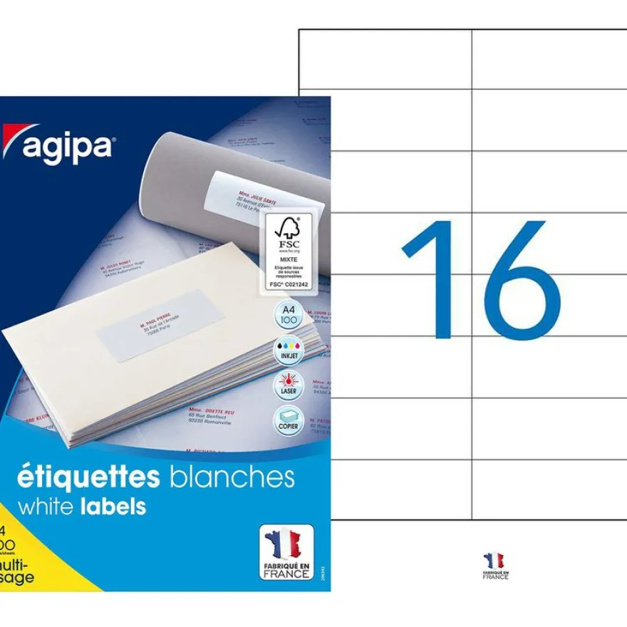 Apli Agipa - 1600 Étiquettes adhésives blanches multi-usages - 105 x 37 mm - coins droits - réf 119012