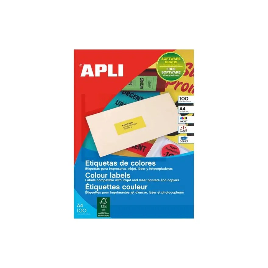 Apli Agipa - 100 Étiquettes jaunes - adhésif permanent - A4 (210 x 297 mm) - coins droits - réf 119041