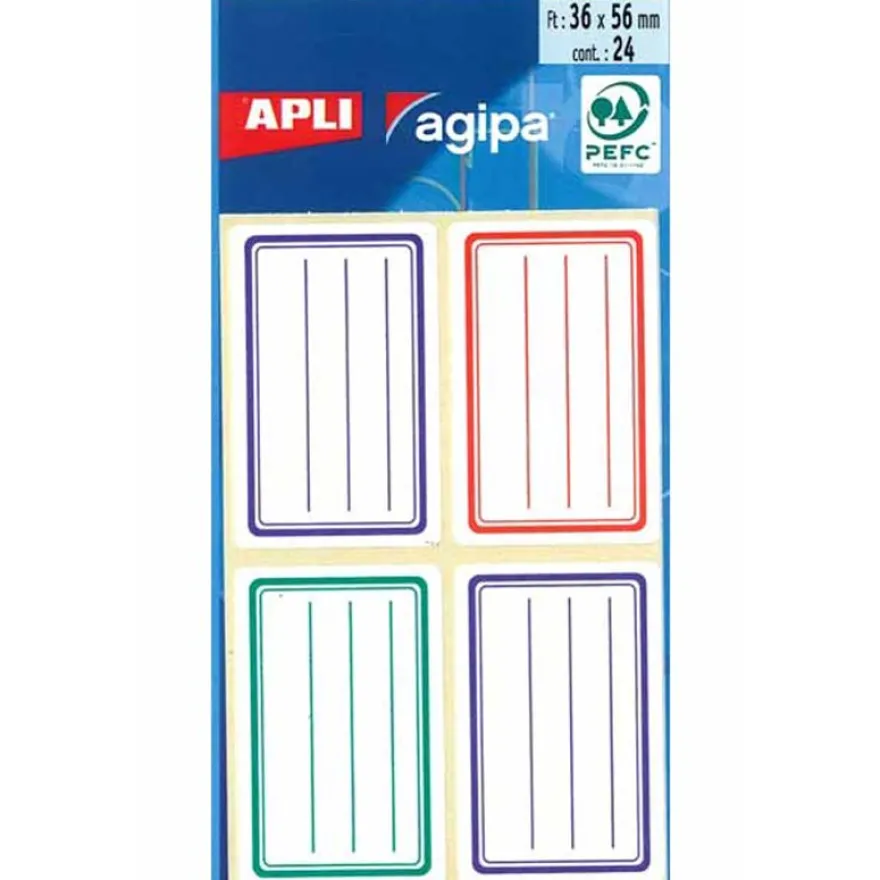 Apli Agipa - 24 Étiquettes scolaires cadre et lignes bleus, rouges, verts - 36 x 56 mm - réf 101096