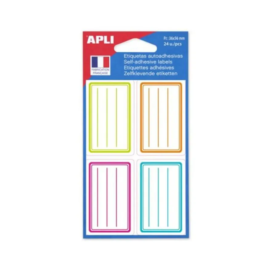Apli Agipa - 24 Étiquettes scolaires cadre et lignes couleurs peps - 36 x 56 mm - réf 102674