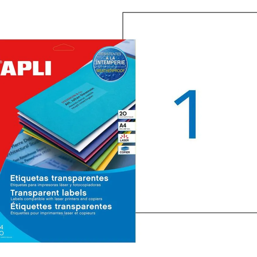 Apli Agipa - 20 Étiquettes transparentes impression laser - 210 x 297 mm - coins droits - réf 130146