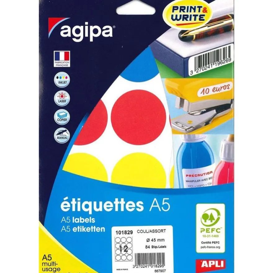 Apli Agipa - Etui A5 - 84 Pastilles adhésives - couleurs assorties multi-usages - diamètre 45 mm - réf 101829