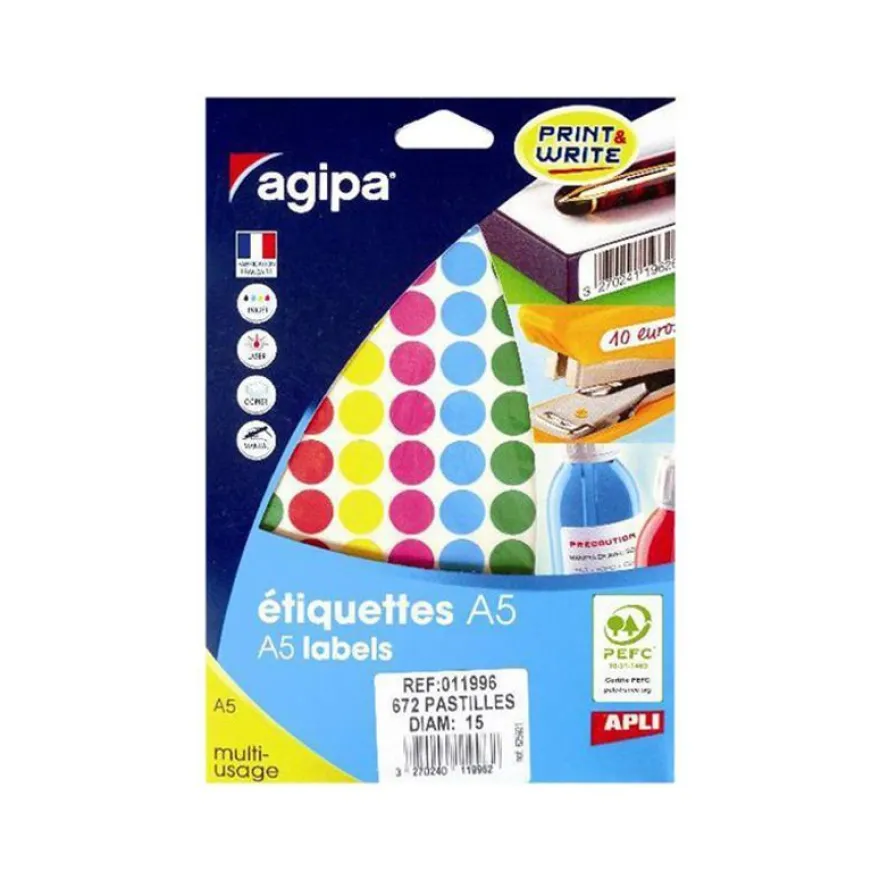 Apli Agipa - Etui A5 - 672 Pastilles adhésives - couleurs assorties multi-usages - diamètre 15 mm - réf 11996