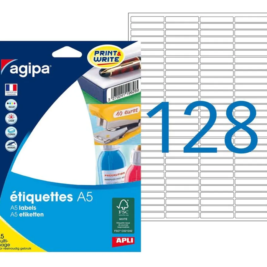 Apli Agipa - Etui A5 - 2048 Étiquettes blanches multi-usages - 6 x 33,5 mm - coins arrondis - réf 114089