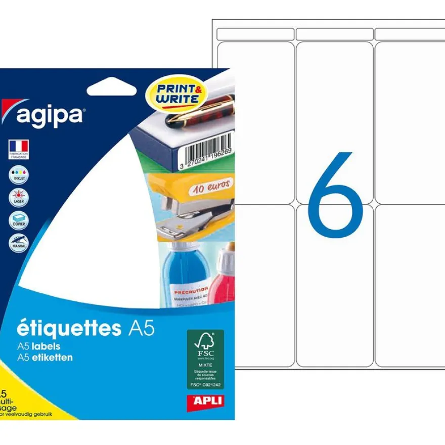 Apli Agipa - Etui A5 - 96 Étiquettes blanches multi-usages - 97 x 46 mm - coins arrondis - réf 114028