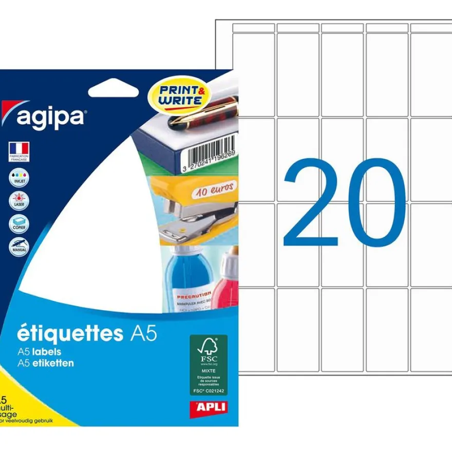 Apli Agipa - Etui A5 - 320 Étiquettes blanches multi-usages - 48,5 x 25 mm - coins arrondis - réf 114014