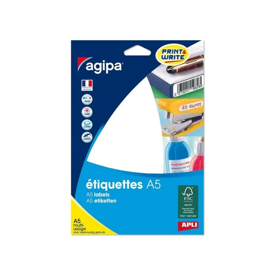 Apli Agipa - Etui A5 - 1824 Étiquettes blanches multi-usages - 10 x 22 mm - coins arrondis - réf 114018