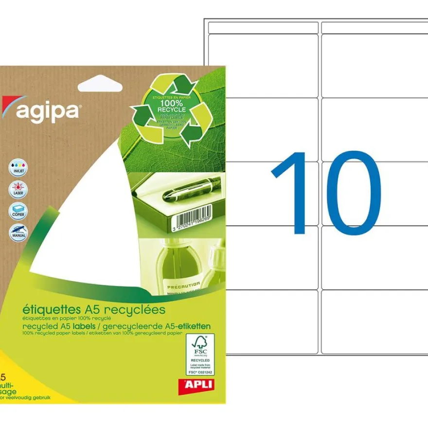 Apli Agipa - Etui A5 - 140 Étiquettes 100% recyclées blanches multi-usages - 38,5 x 65 mm - coins arrondis - réf 101249