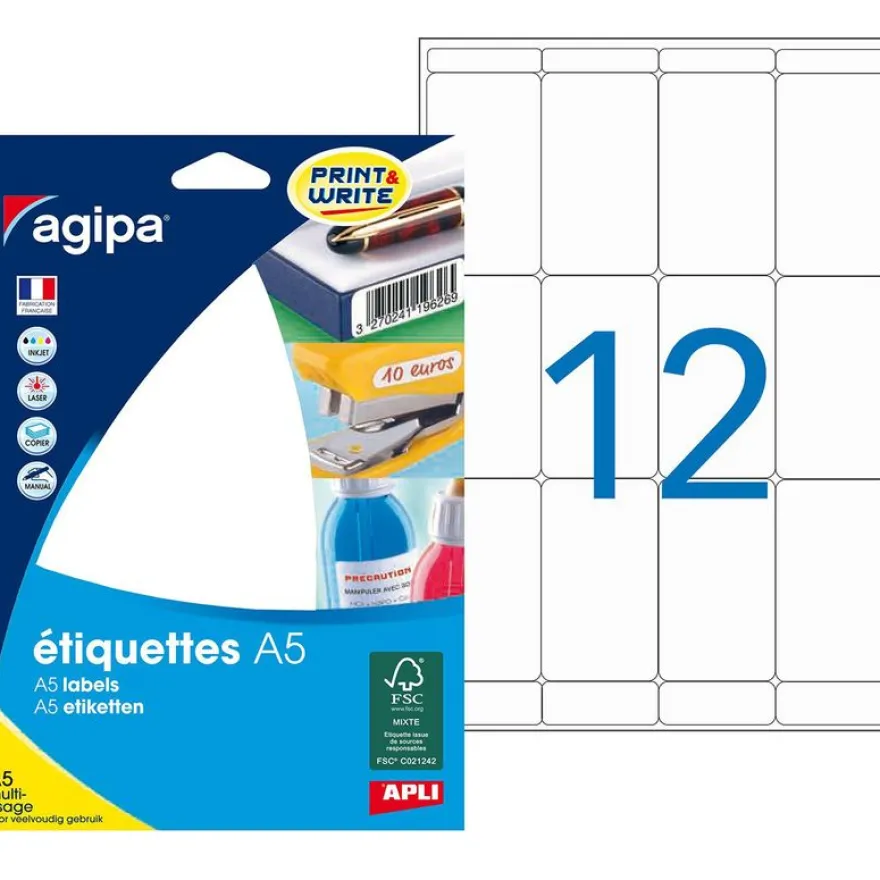 Apli Agipa - Etui A5 - 192 Étiquettes blanches multi-usages - 56 x 34 mm - coins arrondis - réf 114086