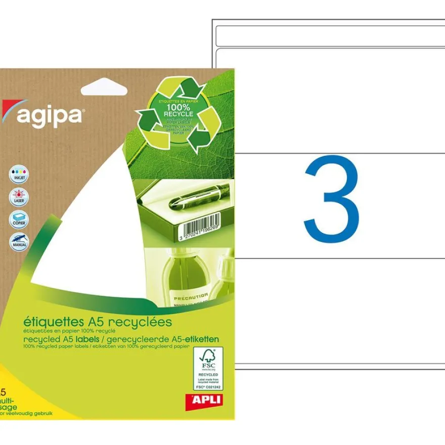 Apli Agipa - Etui A5 - 42 Étiquettes 100% recyclées blanches multi-usages - 64 x 133 mm - coins arrondis - réf 101251