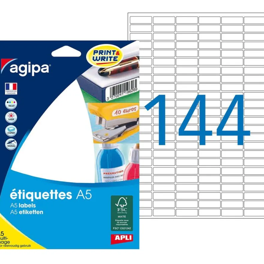 Apli Agipa - Etui A5 - 2304 Étiquettes blanches multi-usages - 8 x 20 mm - coins arrondis - réf 114017
