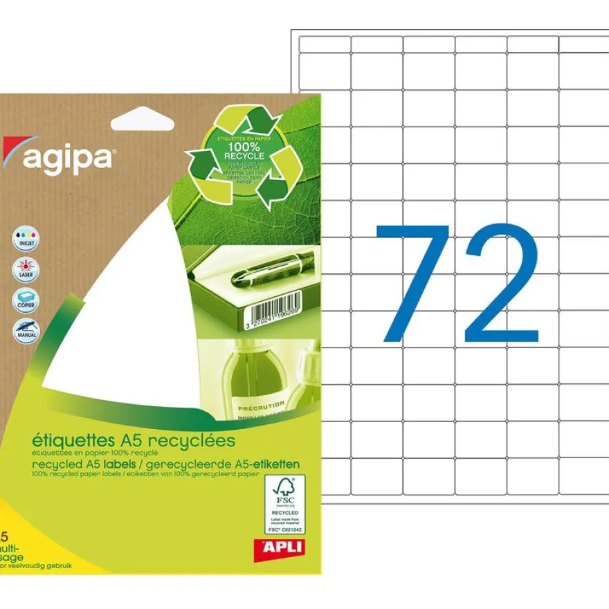 Apli Agipa - Etui A5 - 1008 Étiquettes 100% recyclées blanches multi-usages - 16 x 22 mm - coins arrondis - réf 101243