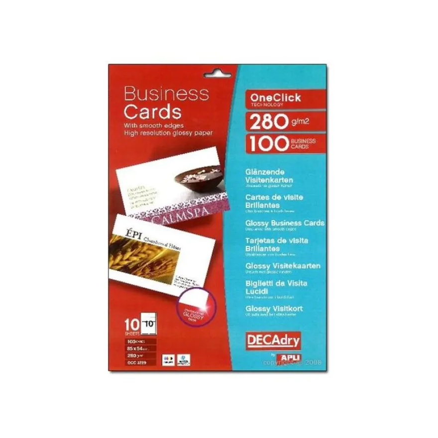 Apli DECAdry - Papier pour 100 cartes de visite brillantes 85 x 54 mm - 280 g/m² - 10 feuilles