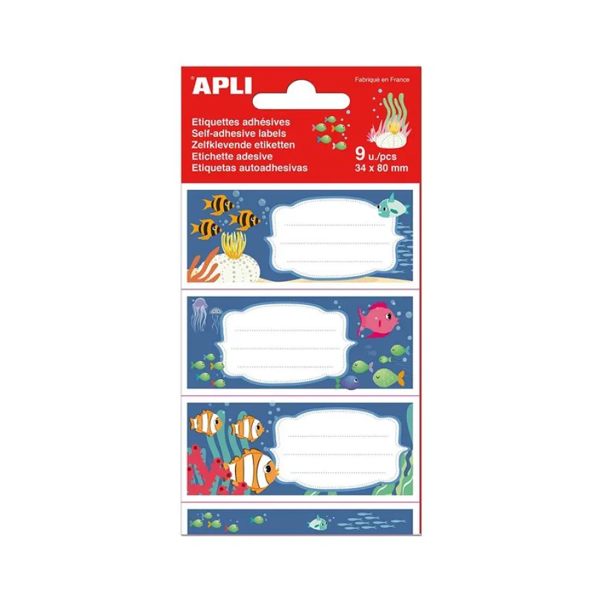 Apli Fonds marins - 9 Étiquettes scolaires - 36 x 81 mm