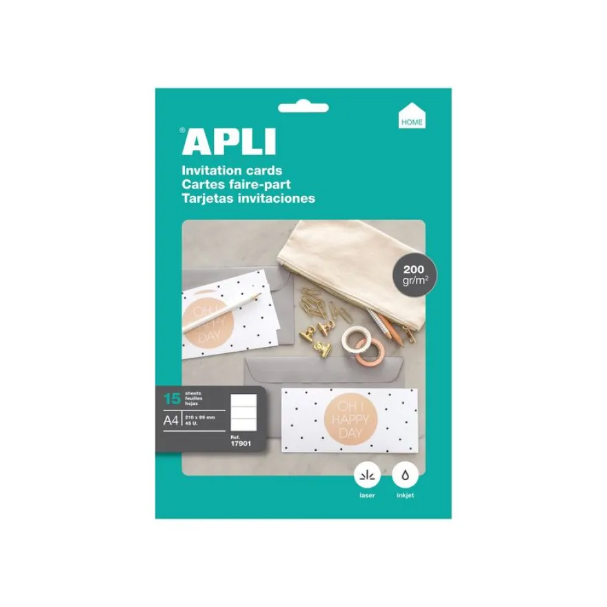 Apli Home - 45 Cartes d'invitation 210 x 99 mm - 200 g/m² (15 feuilles A4)
