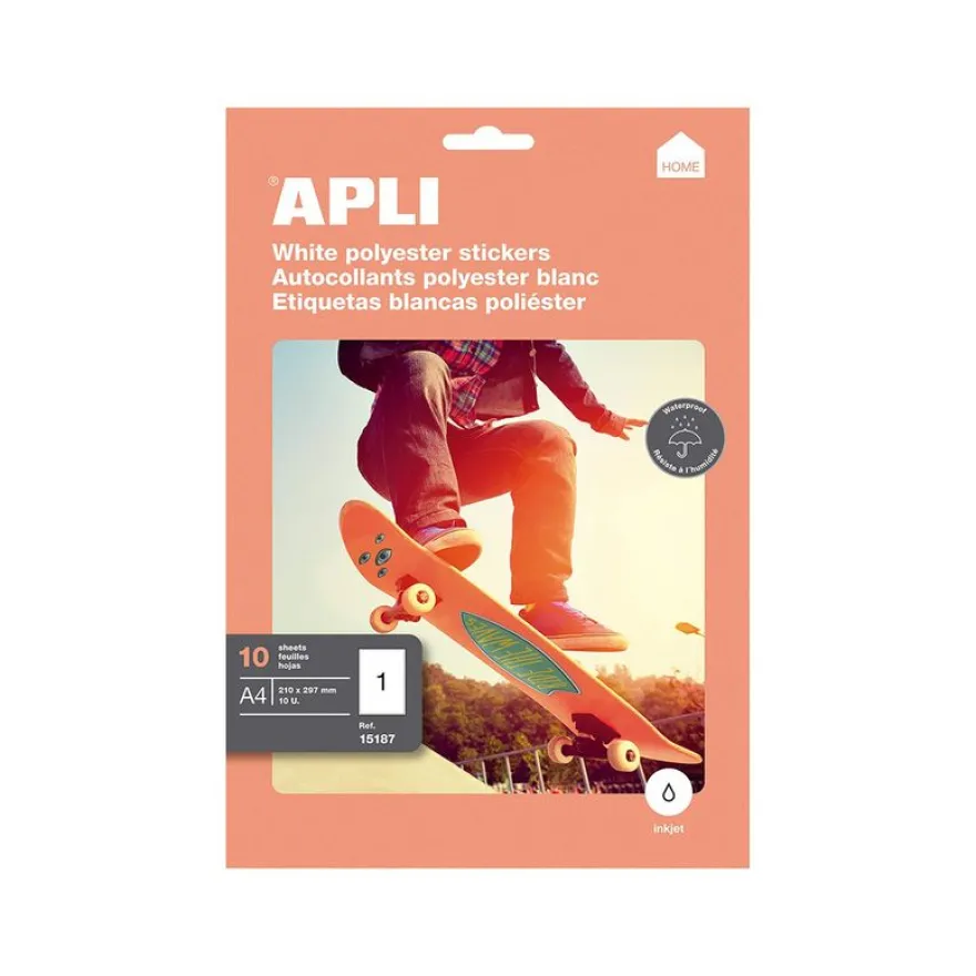 Apli Home - 10 Étiquettes adhésives polyester blanches - A4 (210 x 297 mm) - coins droits - réf 15187