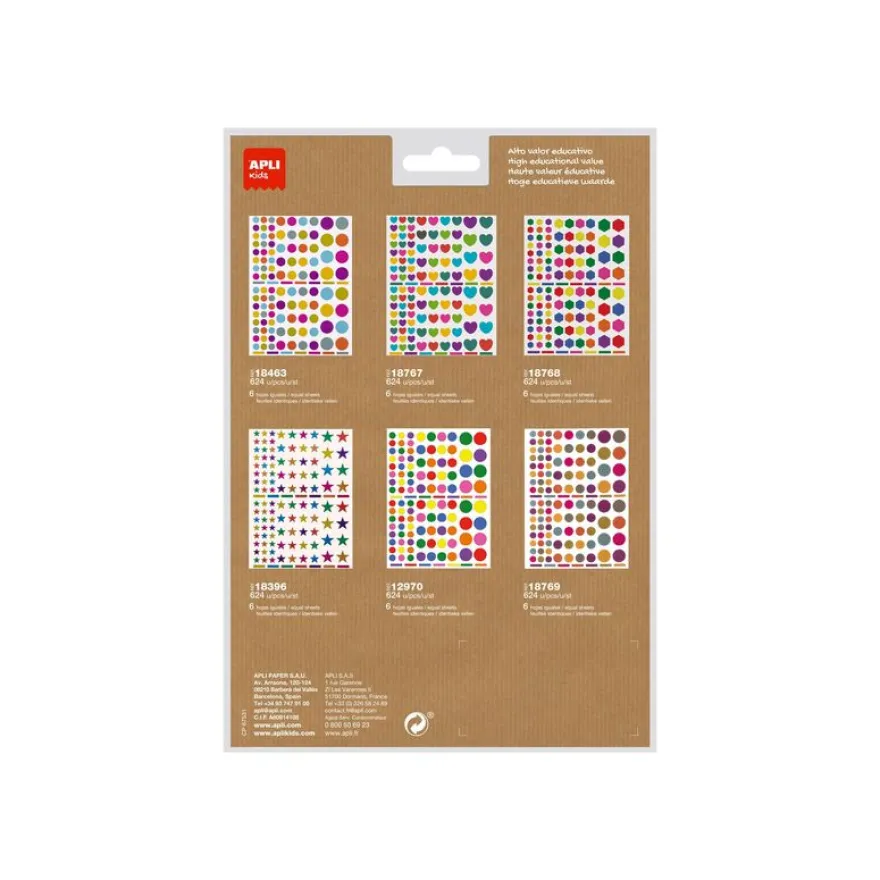 Apli Kids - 624 Gommettes kraft - couleurs assorties : jaune, violet, rouge, bleu clair, vert clair, gris-bleu, fuchsia (6 feuilles)