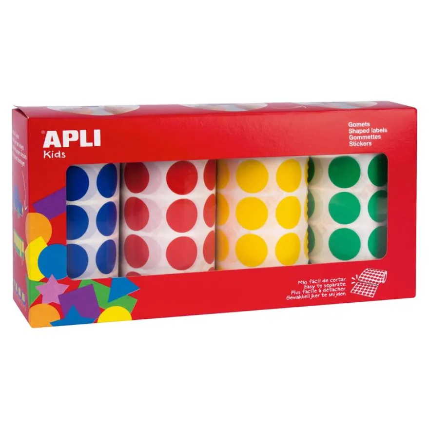 APLI kids - 4 rouleaux de gommettes rondes - 20 mm Ø - bleu, jaune, rouge, vert