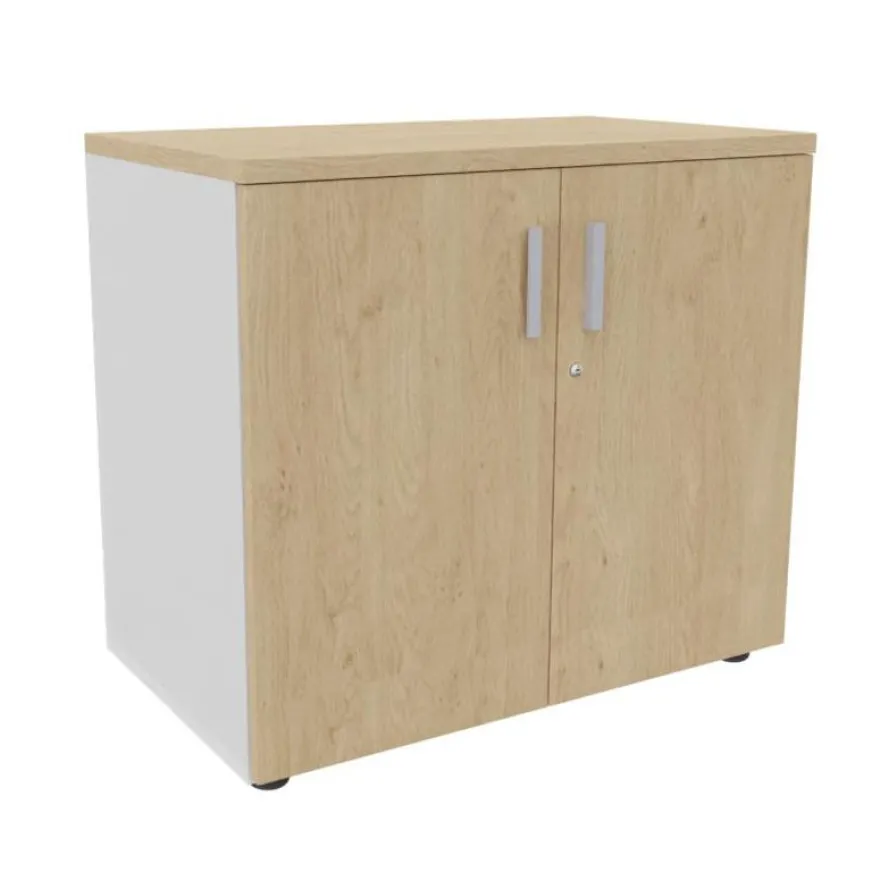 Armoire basse INEO/LEVEL/STEELY/WOODY - H72 x L80 x P47 - Corps blanc - Dessus et portes Imitation Chêne clair