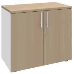 Armoire basse IRIS - H72 x L80 x P47 - 2 portes - Corps Blanc perle - Dessus et portes imitation Chêne clair