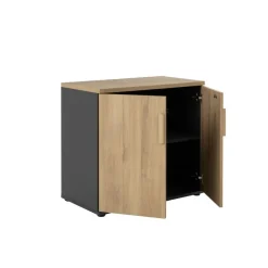 Armoire basse ITALIC - H75 x L80 x P45 - 2 portes - Corps anthracite - Dessus et portes imitation Chêne du bocage