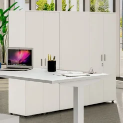 Armoire haute INEO/LEVEL/STEELY/WOODY - L80 x H180 x P47 - 2 portes - Corps blanc - Portes et dessus imitation Chêne clair