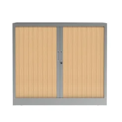 Armoire mi-haute à rideau - L120 x H105 x P43 cm - corps alu/rideau chêne
