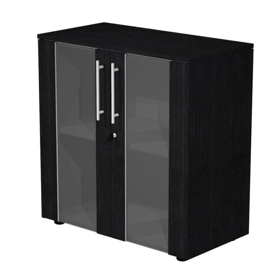 Armoire mi-haute Flora - L82,8xP43xH81,4 cm - portes vitrées- 1 étagère - frêne noir