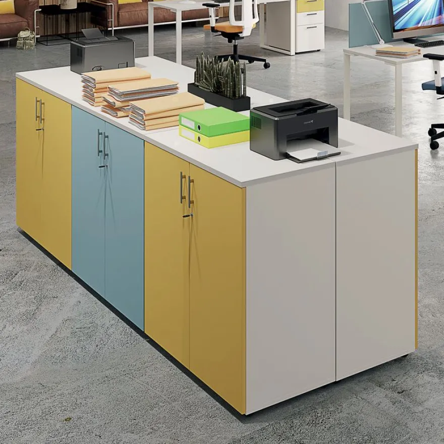 Armoire mi-haute IDRA/DUAL - L80 x H102 x P47 - 2 portes - 2 tablettes métal DS - Corps blanc - Portes et dessus blanc perle