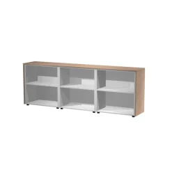 Armoire mi-haute triple Flora - L243xP43xH81,4 cm - 4 portes mélaminés + 2 portes vitrées - 3 étagères - merisier arabis