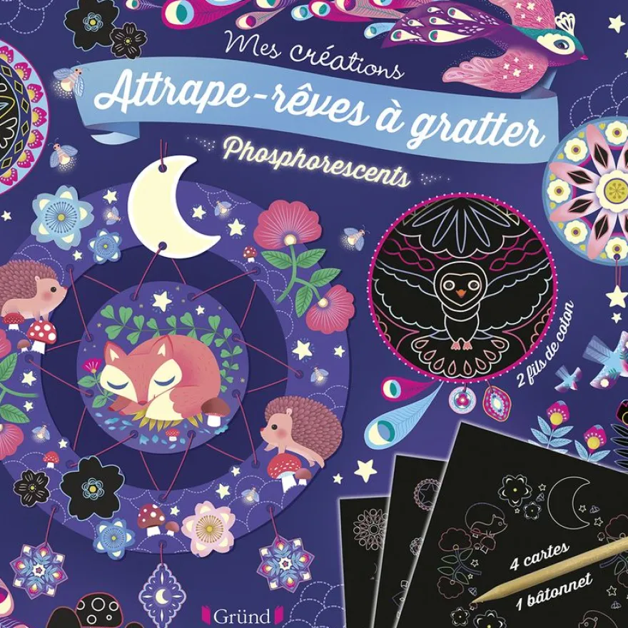 Attrape-rêves phosphorescents Pochette avec 4 cartes à gratter, un bâtonnet et du fil Dès 6 ans
