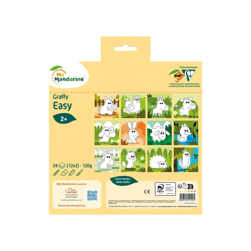 Avenue Mandarine GRaffy Easy - Feuille de coloriage - animaux de la ferme - 120 g/m² - 24 feuilles - blanc - papier - jaune